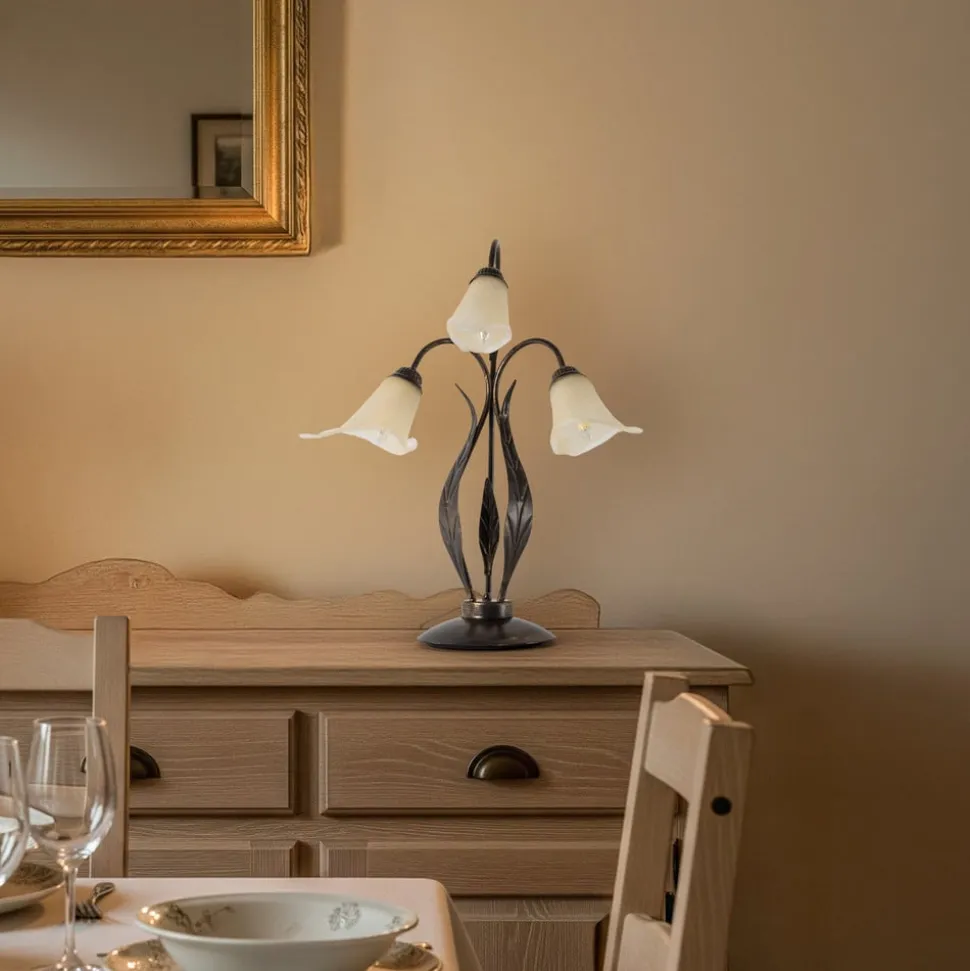 Alga bordlampe, 3 lyskilder, jern, glas, florentinsk