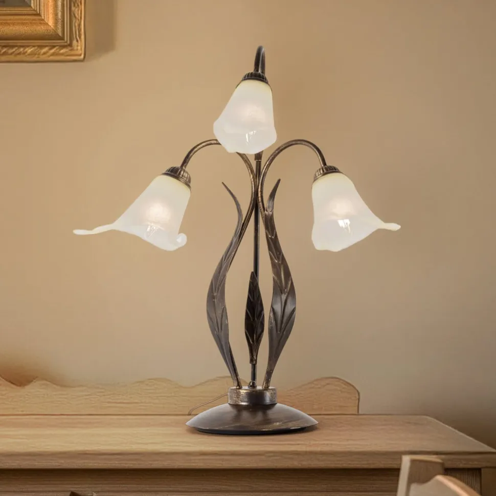 Alga bordlampe, 3 lyskilder, jern, glas, florentinsk