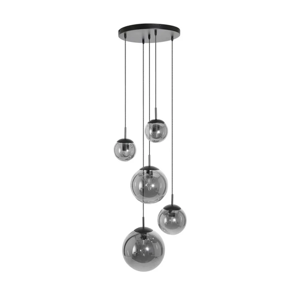 Bollique hængelampe, røgfarvet grå/sort, glas, 5 lyskilder