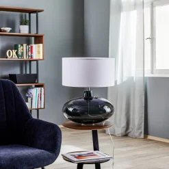 Bordlampe Skien, skærm hvid, glasfod røggrå