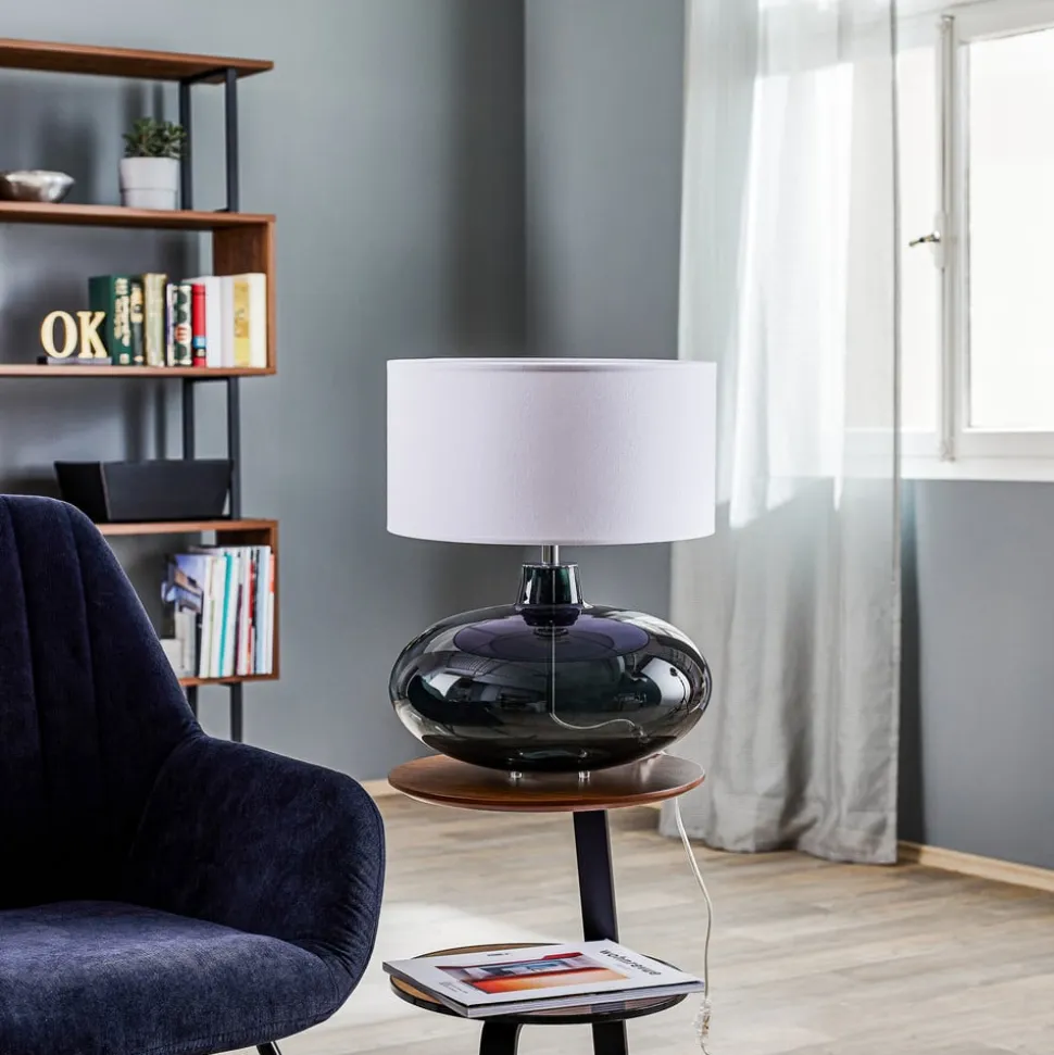 Bordlampe Skien, skærm hvid, glasfod røggrå