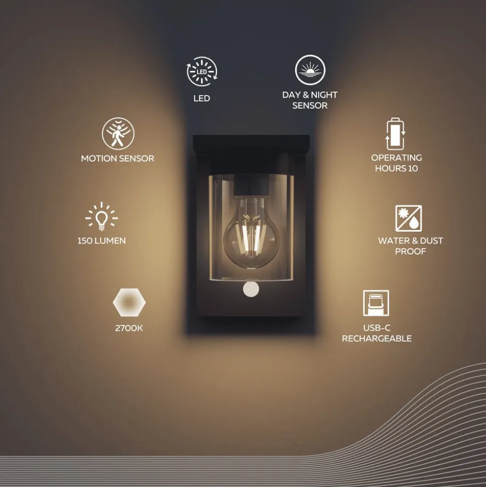 Calex Asti udendørs LED-væglampe, sensor, IP44, sort