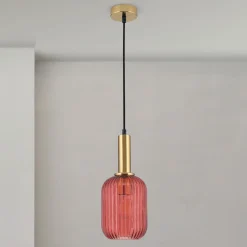 Carneval pendellampe, antik messing/rød, Ø 14 cm, glas