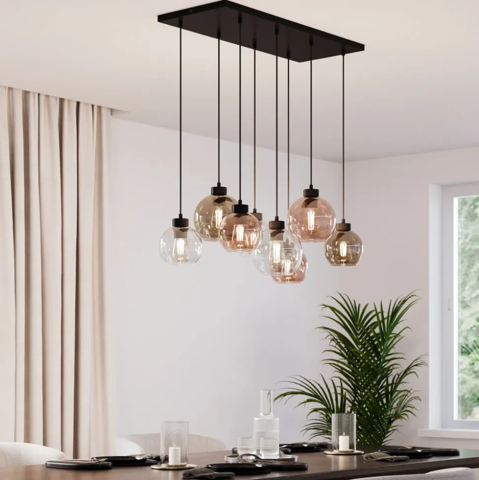 Cubus hængelampe, 85 cm, 8 lyskilder, klar/honning/brun, glas