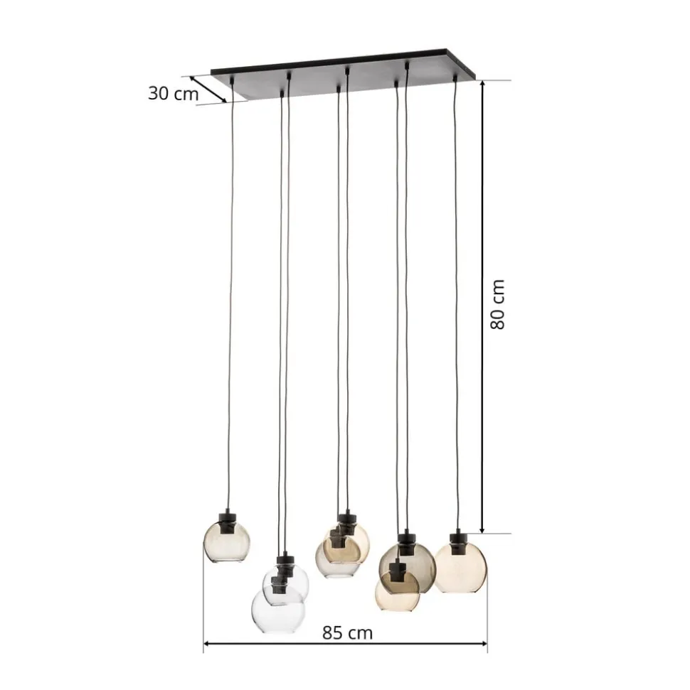 Cubus hængelampe, 85 cm, 8 lyskilder, klar/honning/brun, glas
