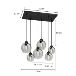 Cubus hængelampe, røggrå, glas, 74 cm lang, 6 lyskilder