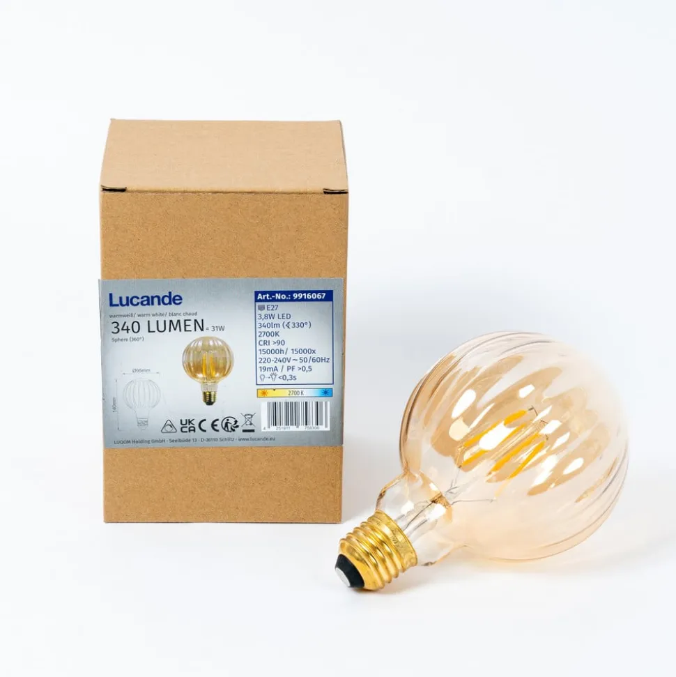E27 3,8 W LED G95 2.700 K 340lm riller, rav, 2 stk