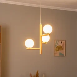 Estera hængelampe, opalglas, træ, 3 lyskilder