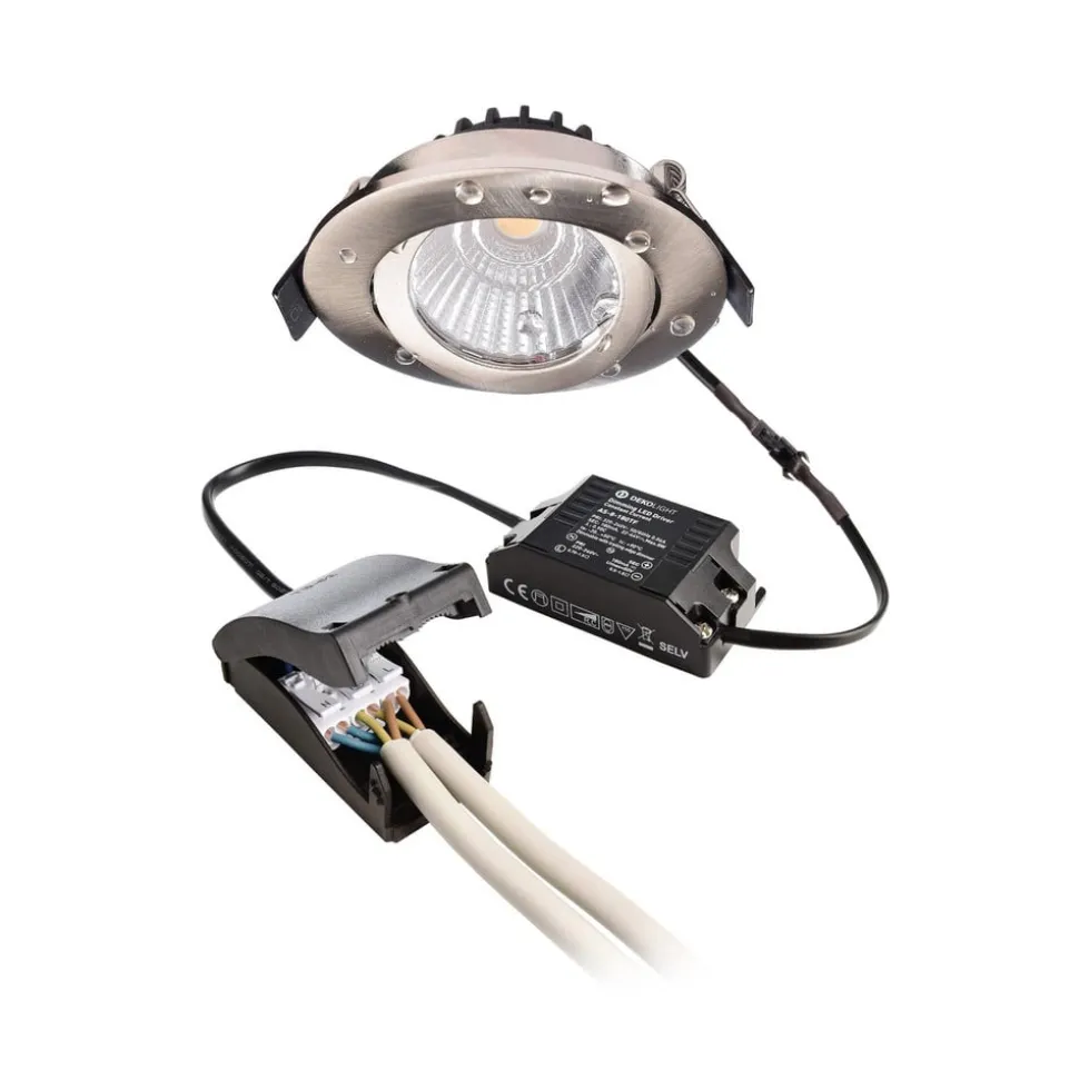 Forsænket loftlampe Dione, IP44, nikkel, dæmpbar til varm