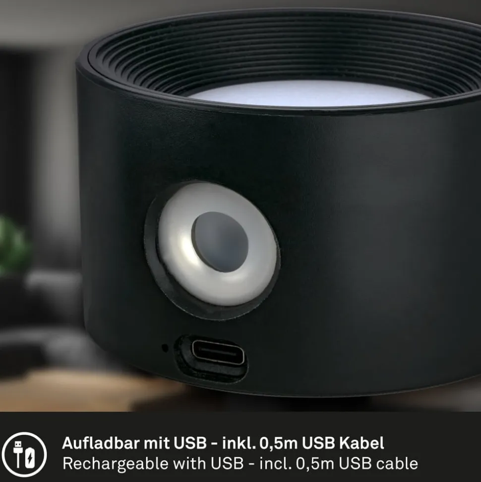 Genopladelig klemmelampe Tari, sort, CCT, touchdæmper, USB