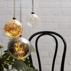 Glow LED-dekokugle af glas, Ø 20 cm, røggrå