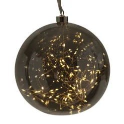 Glow LED-dekokugle af glas, Ø 20 cm, røggrå