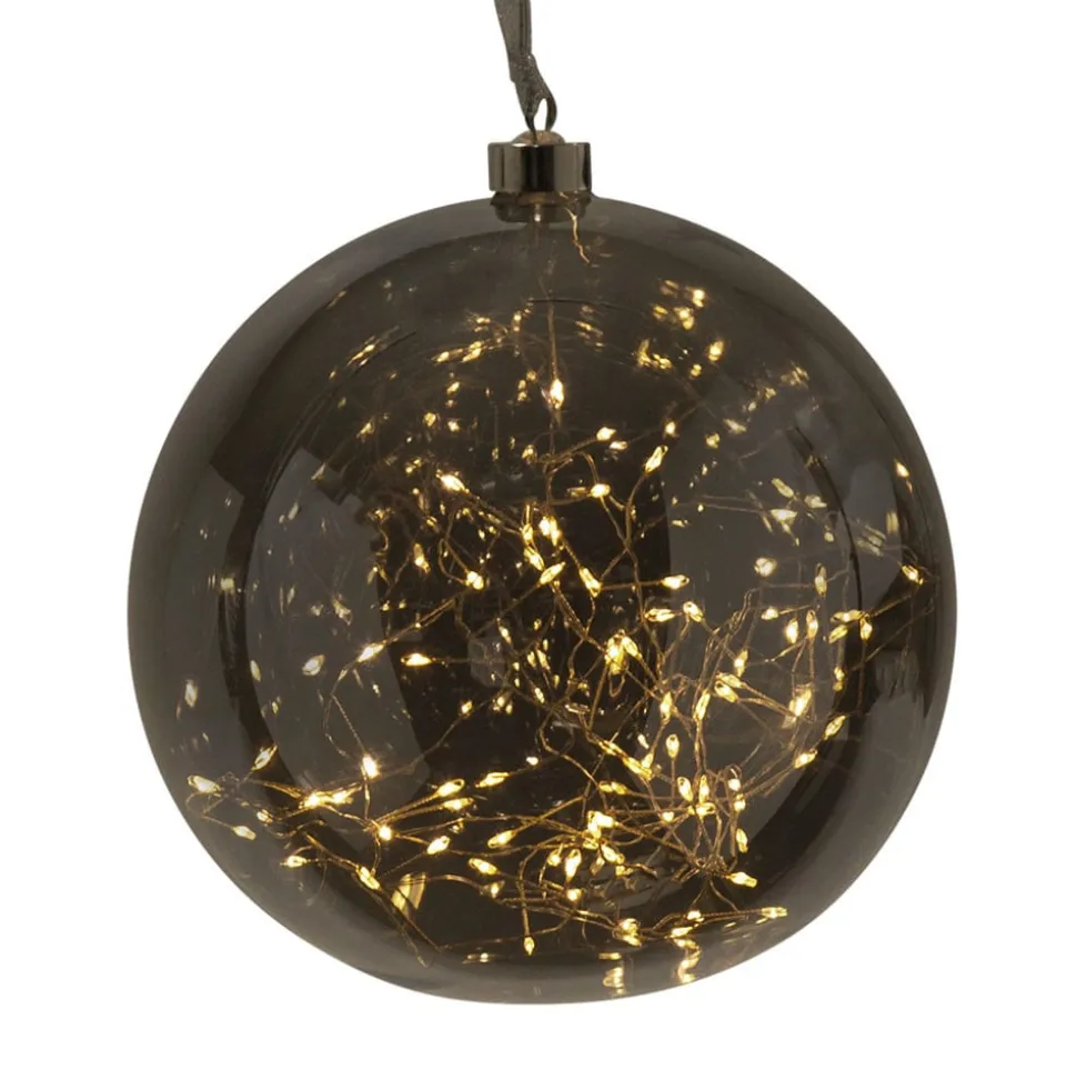 Glow LED-dekokugle af glas, Ø 20 cm, røggrå