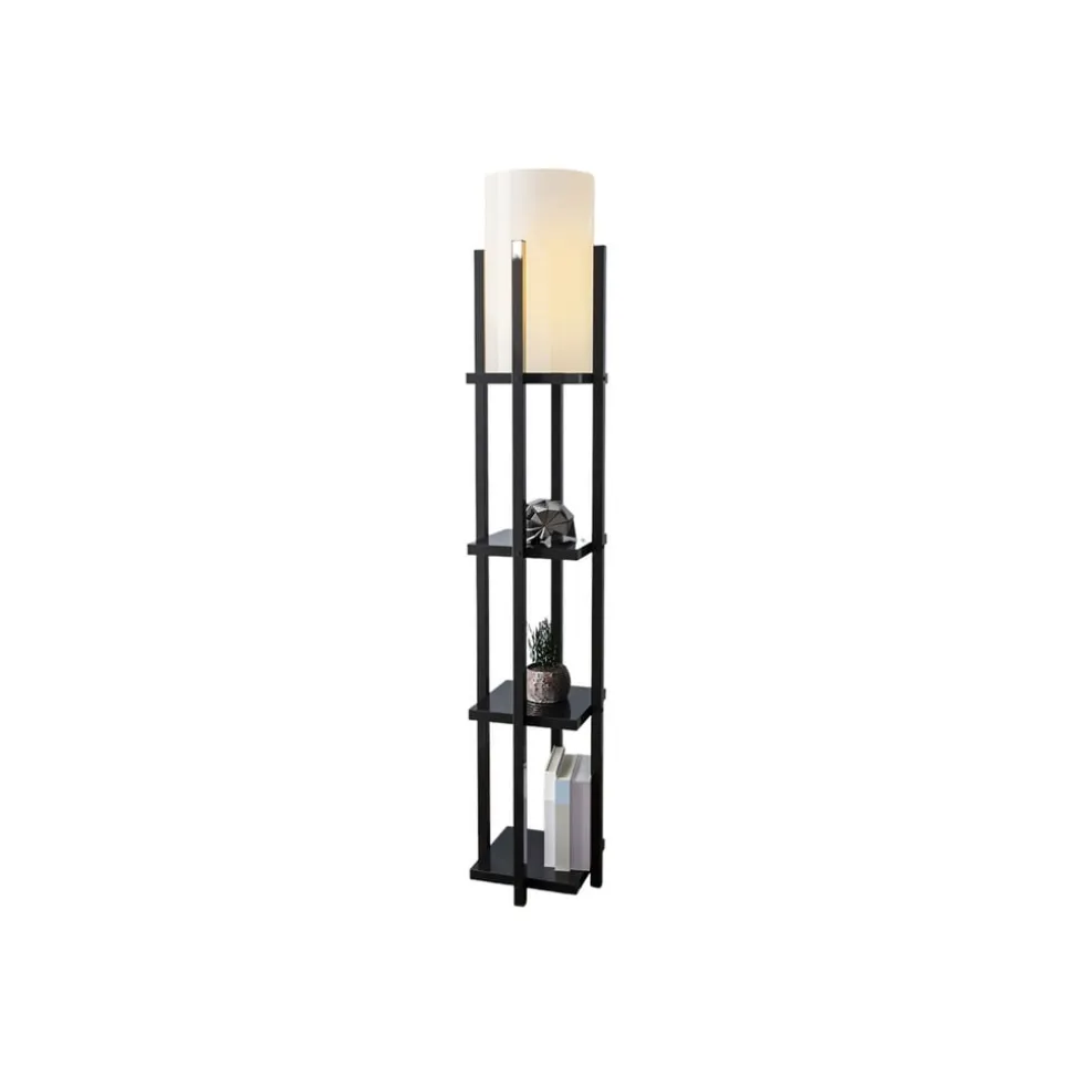 Gulvlampe 8111 sort, hylde, stofskærm hvid