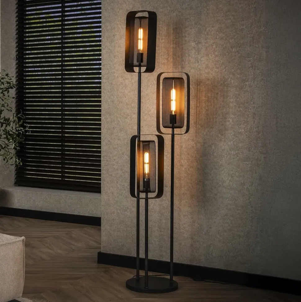 Gulvlampe Alma, 3 lyskilder, sort, metal, drejelig netskærm