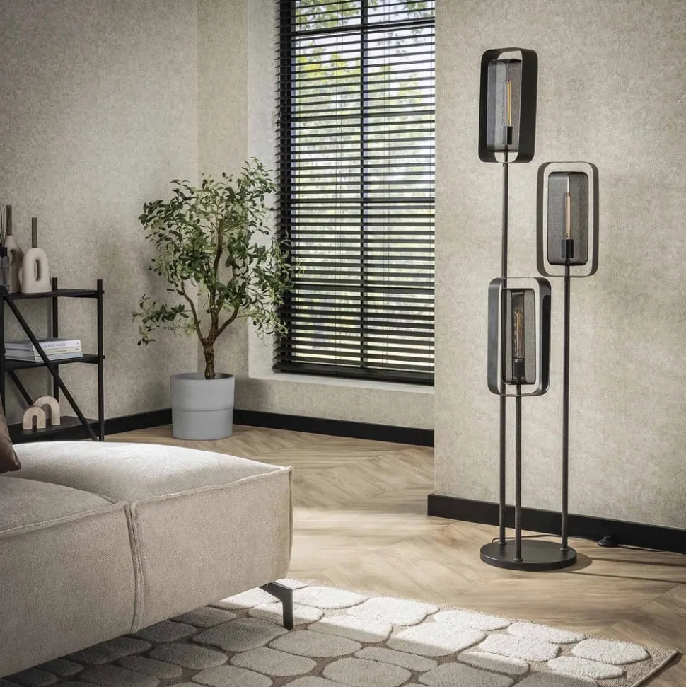 Gulvlampe Alma, 3 lyskilder, sort, metal, drejelig netskærm