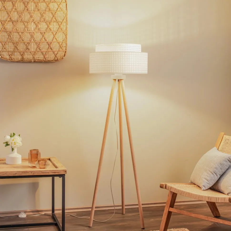 Gulvlampe Boho, treben creme-hvid/rattan