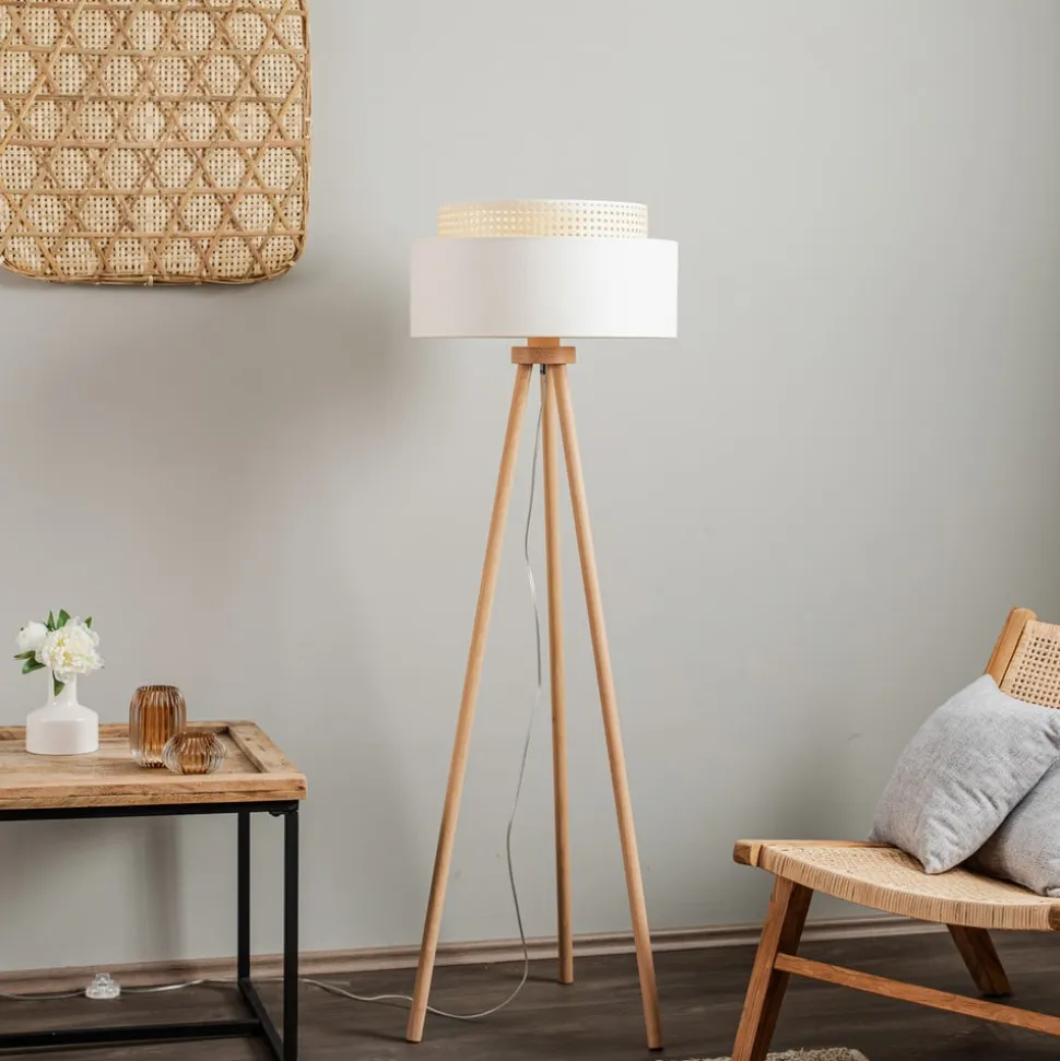 Gulvlampe Boho, treben creme-hvid/rattan