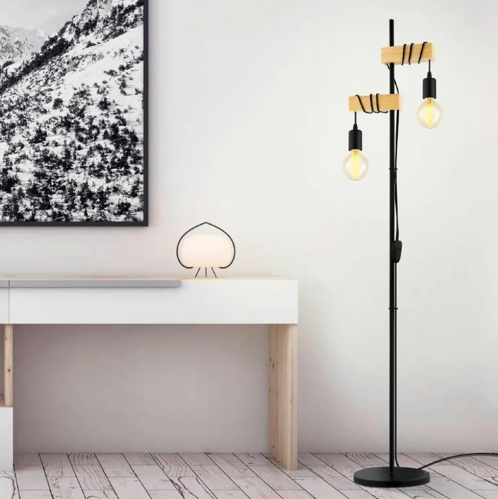 Gulvlampe Townshend 2 lyskilder sort/lyst træ