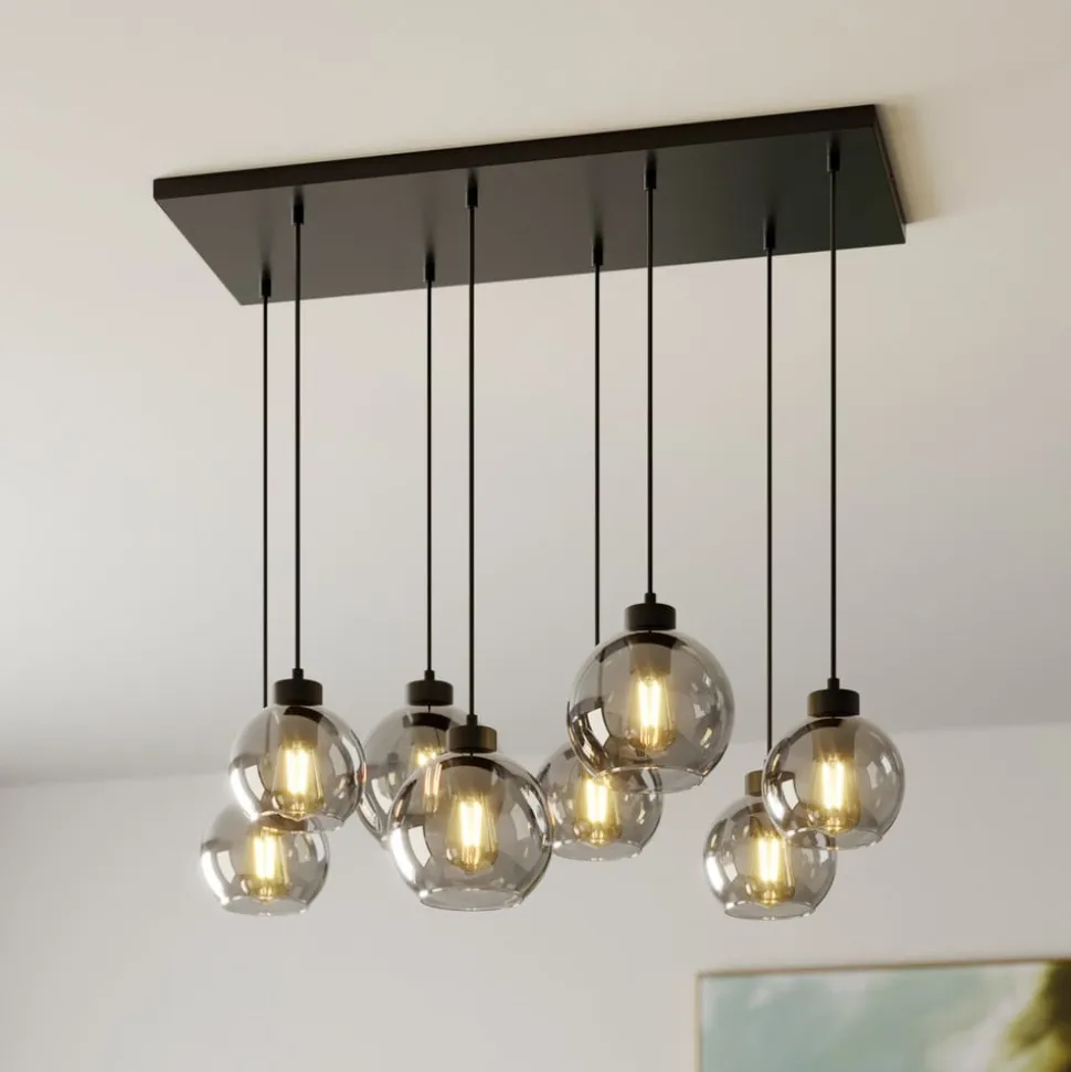 Hængelampe Cubus, 95 cm lang, 8 lyskilder, røggrå, glas
