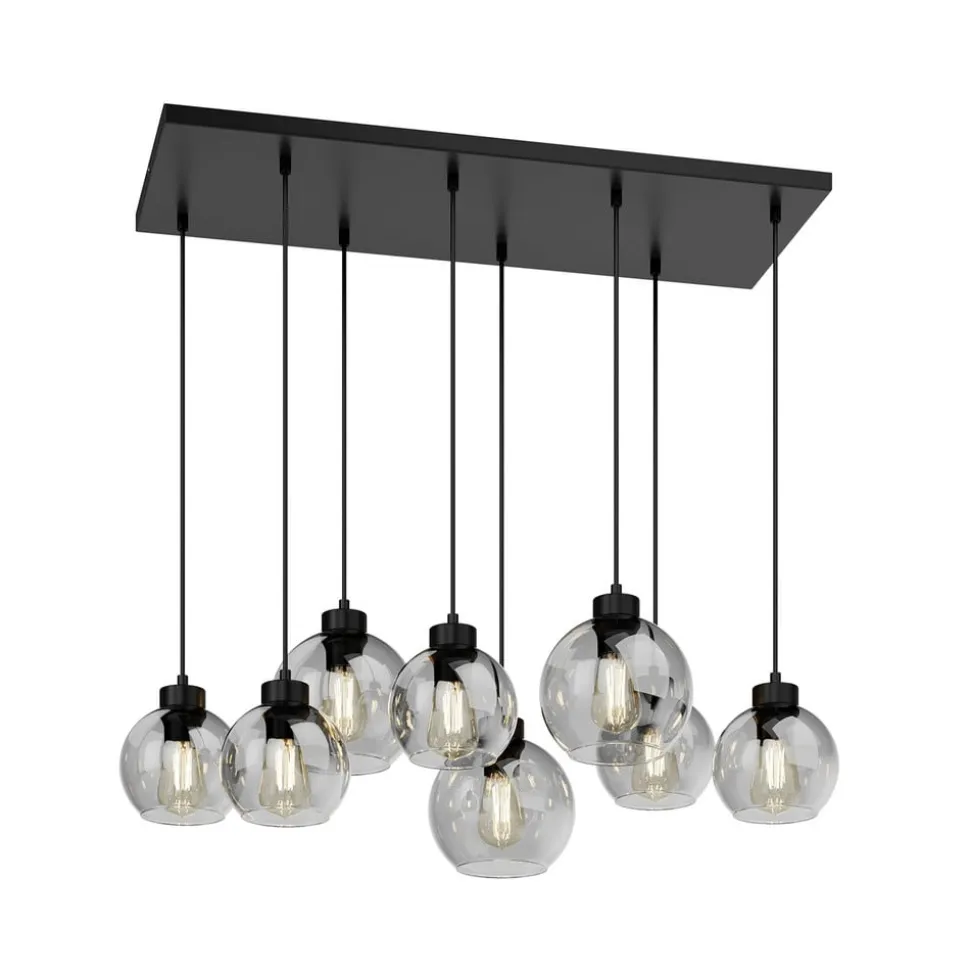 Hængelampe Cubus, 95 cm lang, 8 lyskilder, røggrå, glas