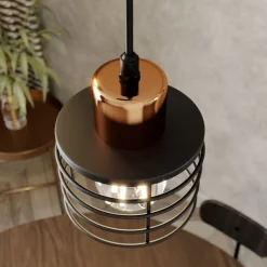 Hængelampe Edison i sort/kobber, 3 lyskilder, rund