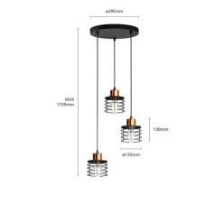 Hængelampe Edison i sort/kobber, 3 lyskilder, rund