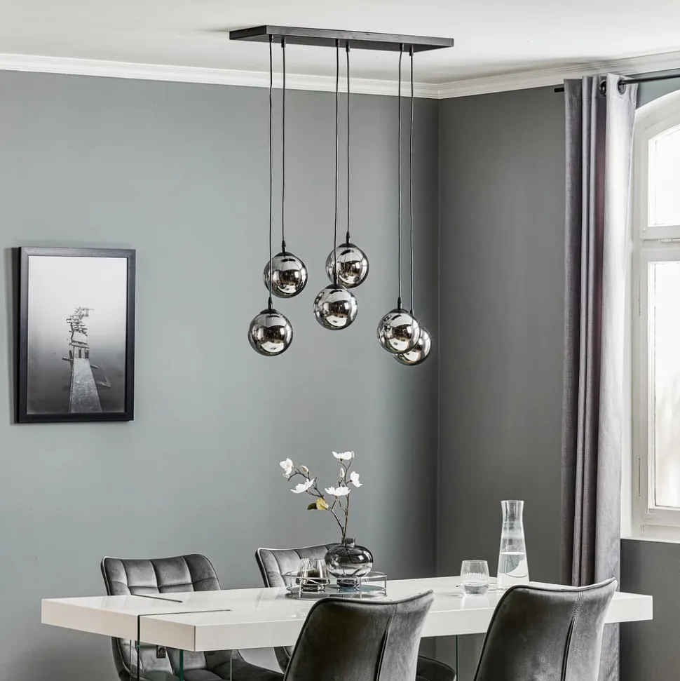 Hængelampe Glassy, 6 lyskilder, sort, grafit, glas, 75 cm
