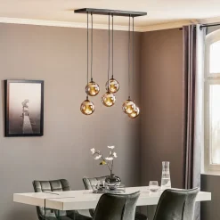 Hængelampe Glassy, 6 lyskilder, sort, grafit, glas, 75 cm