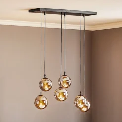 Hængelampe Glassy, 6 lyskilder, sort, grafit, glas, 75 cm