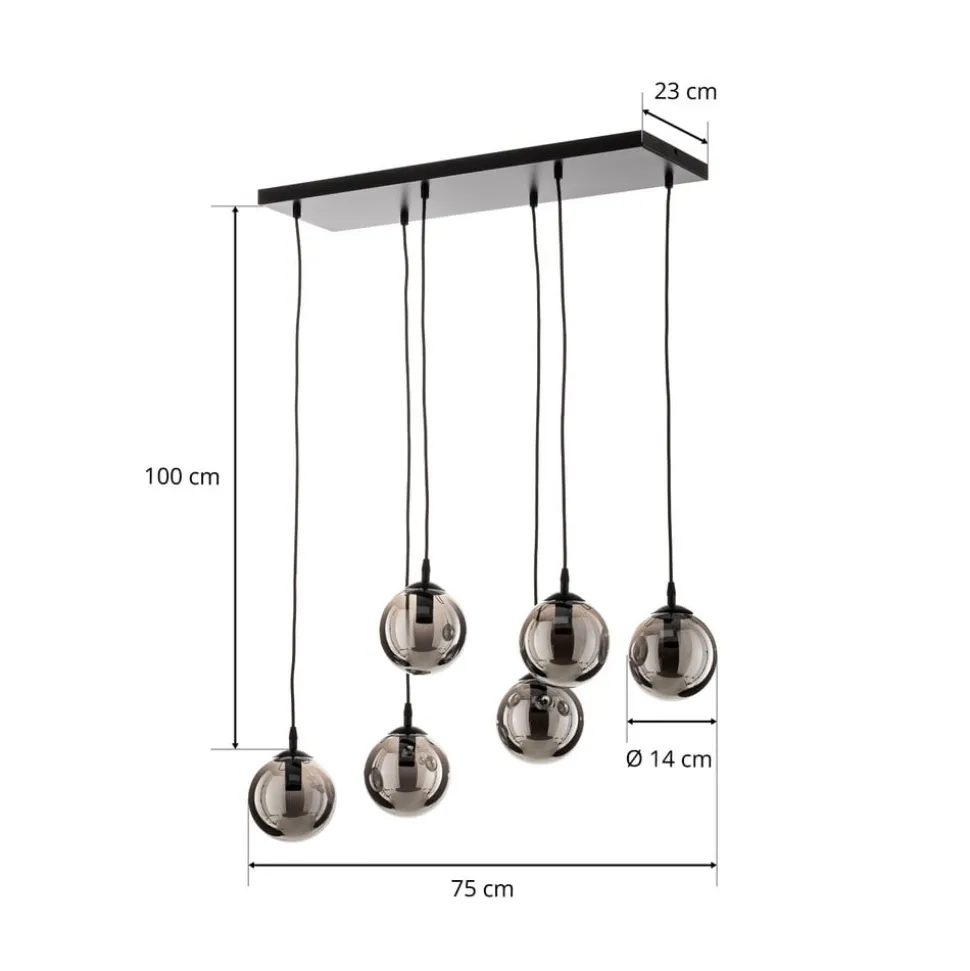Hængelampe Glassy, 6 lyskilder, sort, grafit, glas, 75 cm
