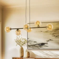 Hængelampe Glassy, 6 lyskilder, sort, ravfarvet, glas, 110 cm