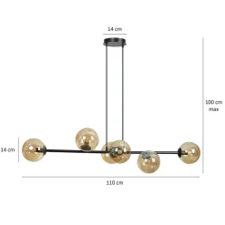 Hængelampe Glassy, 6 lyskilder, sort, ravfarvet, glas, 110 cm