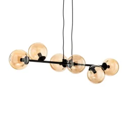 Hængelampe Glassy, 6 lyskilder, sort, ravfarvet, glas, 110 cm