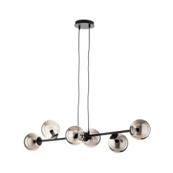 Hængelampe Glassy, 6 lyskilder, sort, grafit, glas, 110 cm