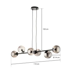 Hængelampe Glassy, 6 lyskilder, sort, grafit, glas, 110 cm