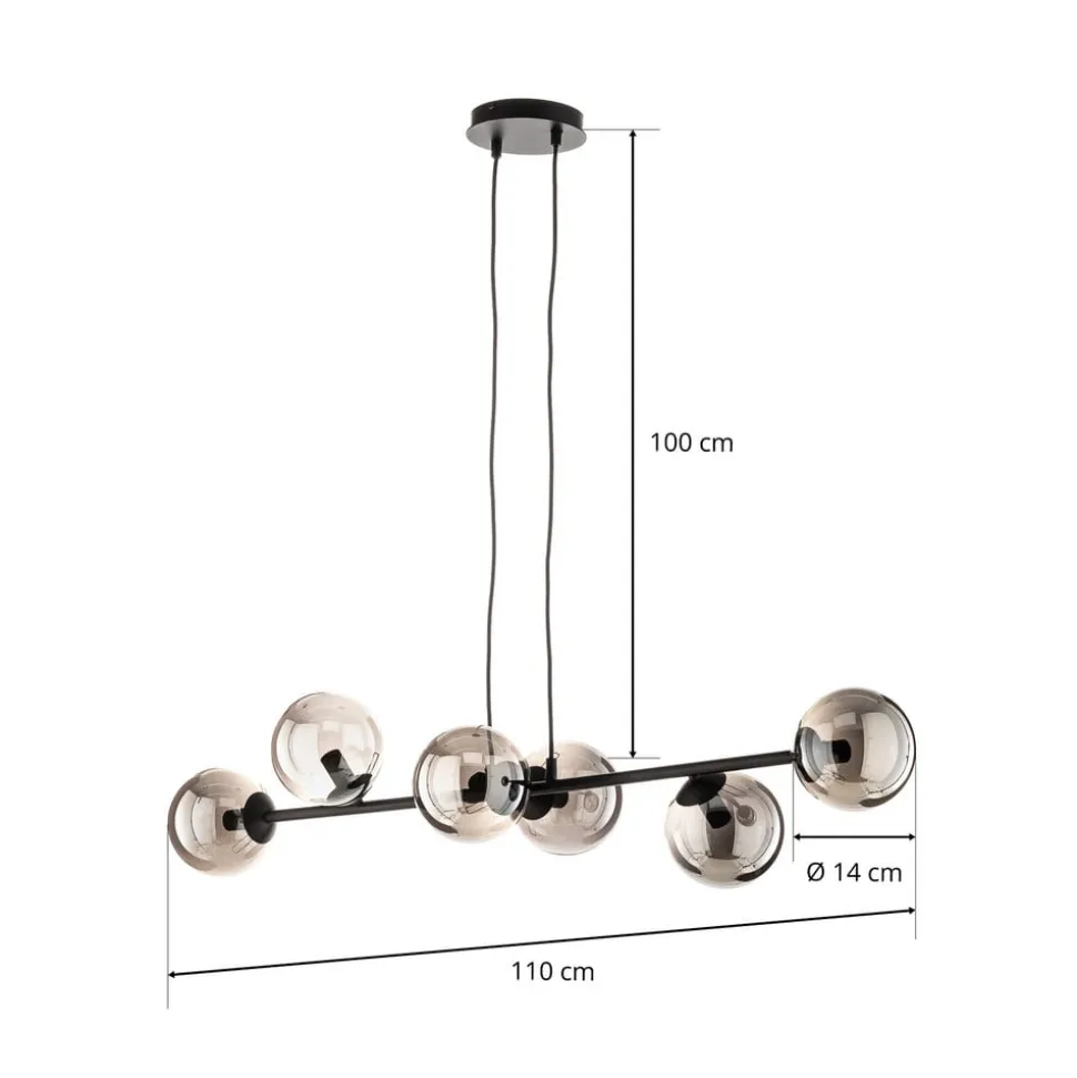 Hængelampe Glassy, 6 lyskilder, sort, grafit, glas, 110 cm