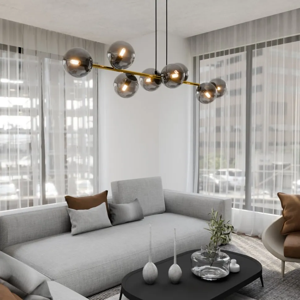 Hængelampe Glassy, 8 lyskilder, sort/guld/grafit