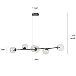 Hængelampe Glassy, 6 lyskilder, sort, klar, glas, 110 cm