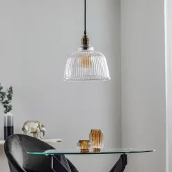 Hængelampe Leana, glas klar, 1 lyskilde, gammel messing