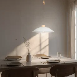 Hængelampe OHANA, opalglas, egetræ, Ø 40 cm, E27