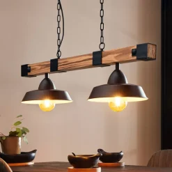 Hængelampe Oldbury, sort/mørkt træ, længde 86 cm, 2 lyskilder.