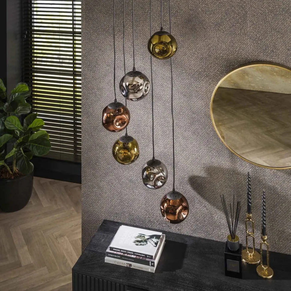 Hængelampe Stellar, guld/sølv/kobber, Ø 50 cm, glas 6 lyskilder.