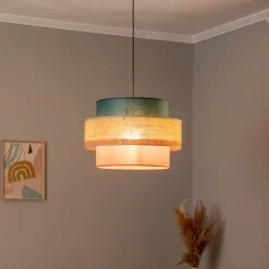 Hængelampe Trio, juteskærm, petrol/naturbrun/orange Ø 50cm