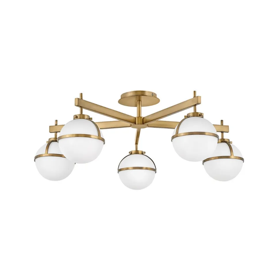 Hollis loftlampe, 5 lyskilder, messing/opal