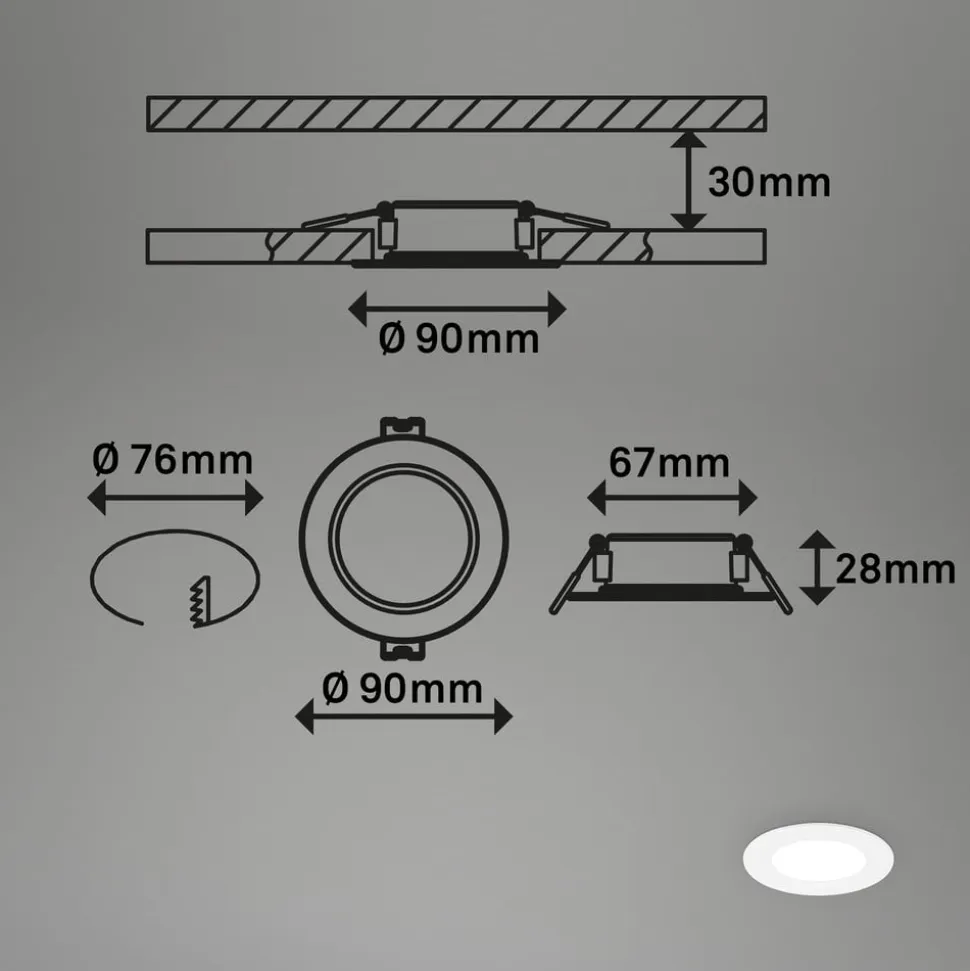 Indbygningslampe Jeft, Ø 9 cm, hvid, sæt med 3, tænd/sluk, fast