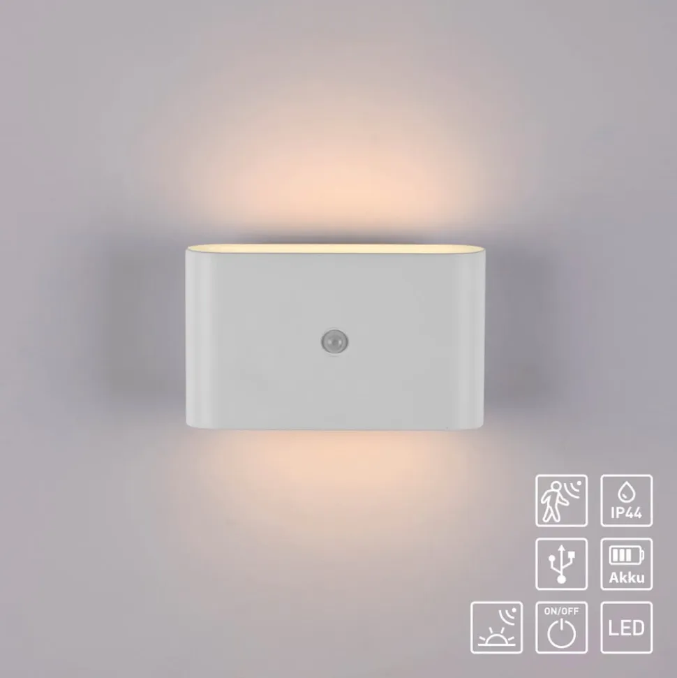 JUST LIGHT. LED-batteridrevet væglampe Ziddy, hvid, sensor 3.000 K