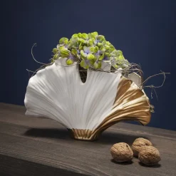 KARE Ginkgo Elegance-vase, højde 18 cm, stentøj, hvid, guld