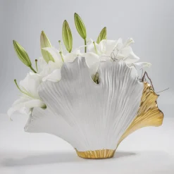 KARE Ginkgo Elegance-vase, højde 18 cm, stentøj, hvid, guld