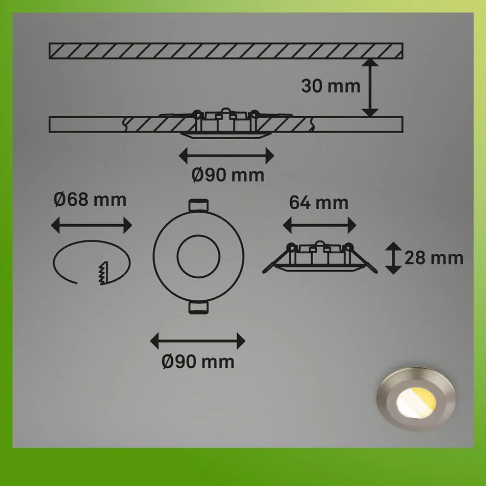 Klira indbygningslampe, mat nikkel, Ø9cm, IP44, dæmpbar, 3 stk